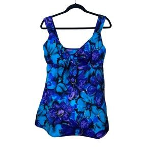 Vintage Robby Len Blue & Black Floral Skirted One Piece Swimsuit Size 16